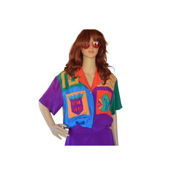 Vintage I.B. Diffusion 1990s Colorblock Silk Shirt High Waisted Pants Set Sizes - Picture 2 of 12